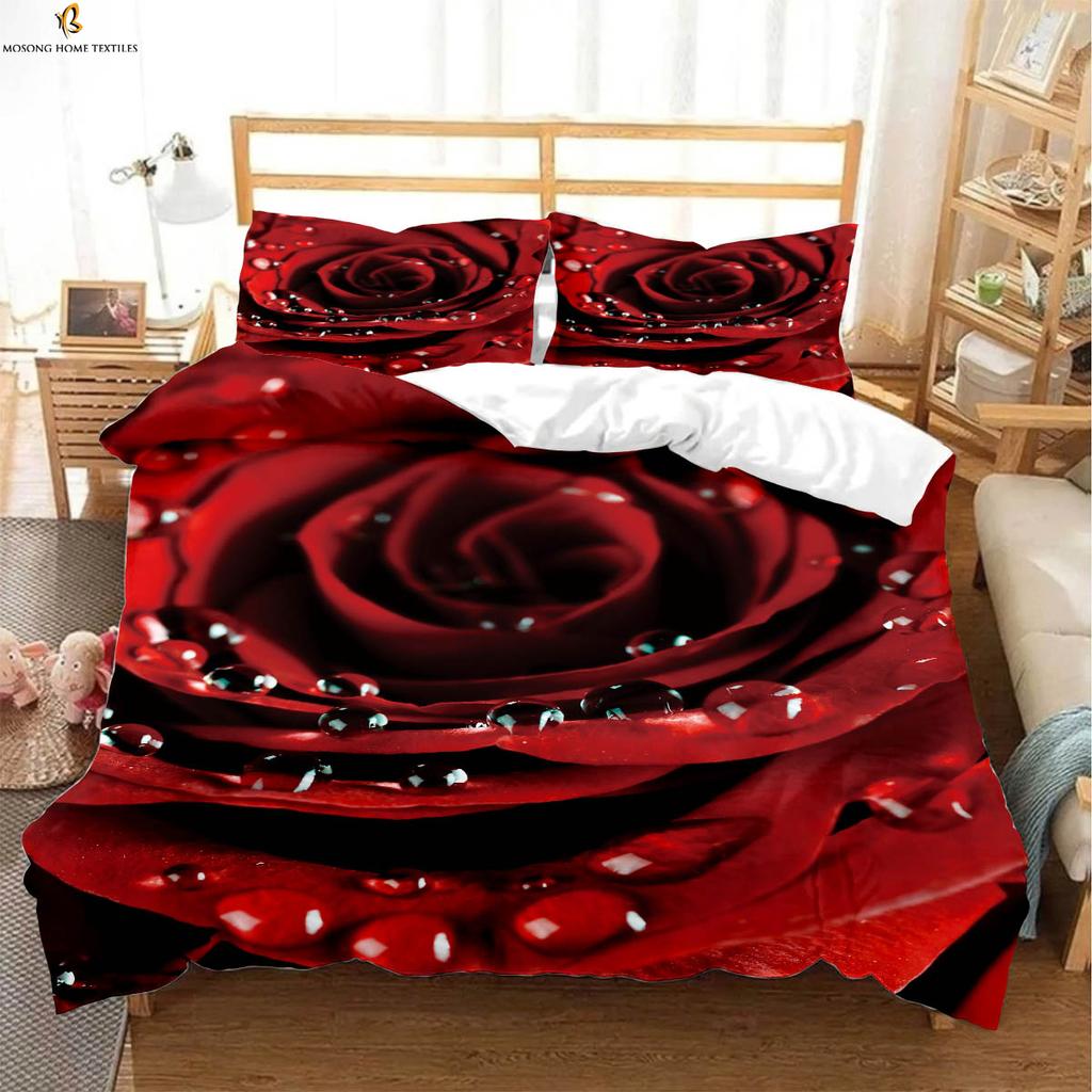 Vintage Wine Red Rose Print Quilt Cover Bedding Set Quilt Cover Pillowcase Romantic Valentine's Day Gift Three-Piece Set