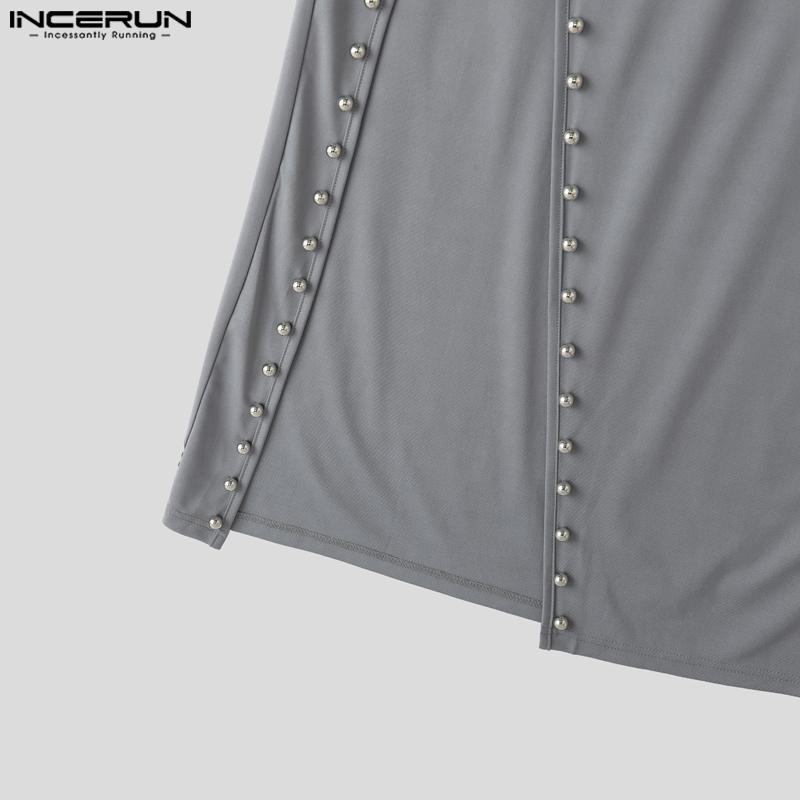 INCERUN Men Strap Sleeveless Beading Splits Long Tunic Tank Tops