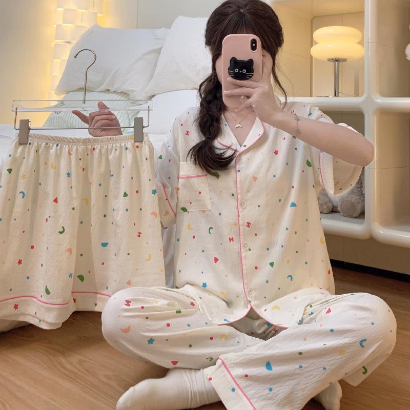 Leopard Print Love Heart Short Sleeve Pajama Set: Women's Summer Cloud Cotton Three-Piece Loungewear