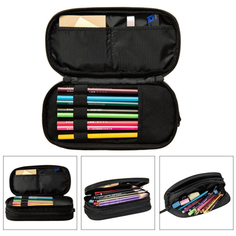 Customized Black Student Pencil Case with Double-Layer & Multifunctional Features Made of Durable Polyester