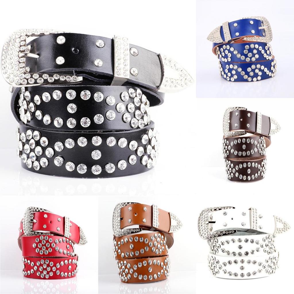 Wide Leather Belt With Metal Pin Closure Rhinestone Decor For Elegant Womens