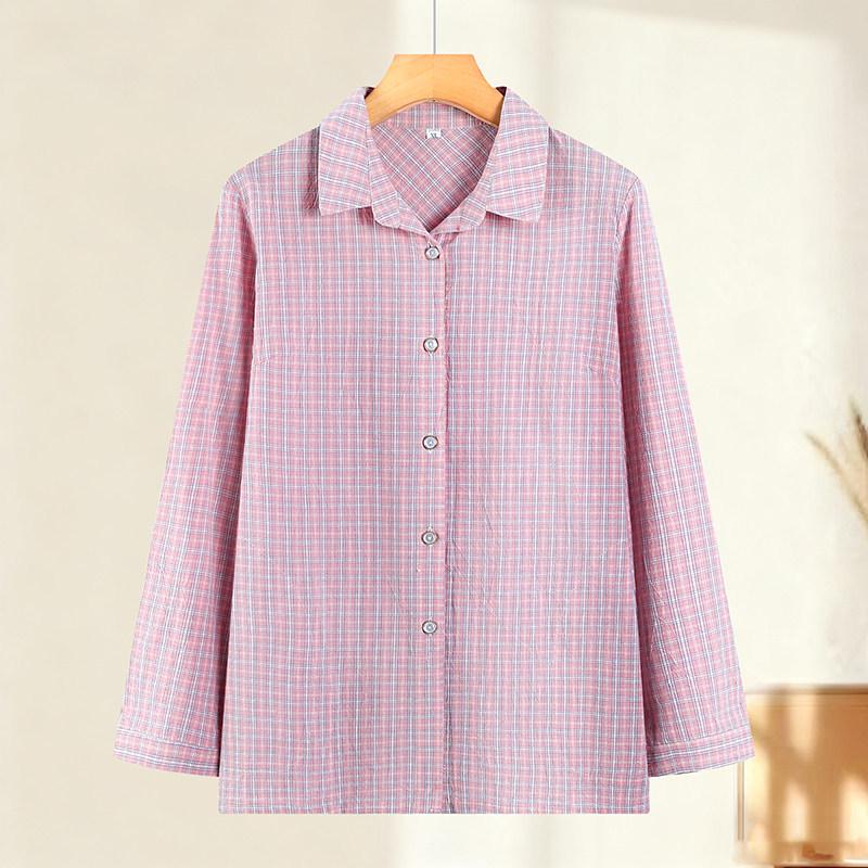 

Plaid Cotton Long-Sleeve Shirt for Middle-Aged and Elderly Women, Lapel Button-Up, Perfect for Spring and Autumn 4XL - 135-150 jin