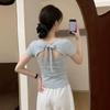 Gram Cotton, Design Bow Back Hollowed Out Front Shoulder Short-sleeved T-shirt Women's Summer Beautiful Unique Top