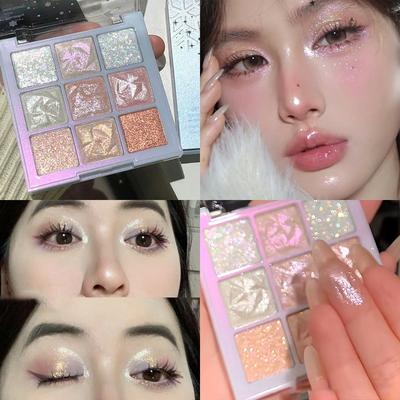Snowflake Diamond Eyeshadow Palette 9- Polarization Glitter Flash Rose Pink Highlighter Brighten Shiny Eyes Makeup Tools