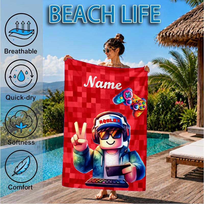Custom Name Ro-blox Adventure Quests Beach Towel Microfiber Beach Towel, Lightweight and Quick-Dry, for Summer Travel, Swimming Pool Gift