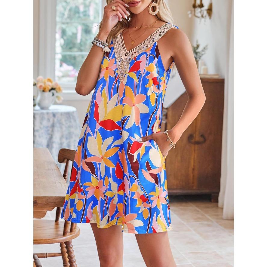 TIFICY Women's Fashion Summer Spring Flower Pattern Print Sleeveless V-Neck Loose Waistline Casual Dresses