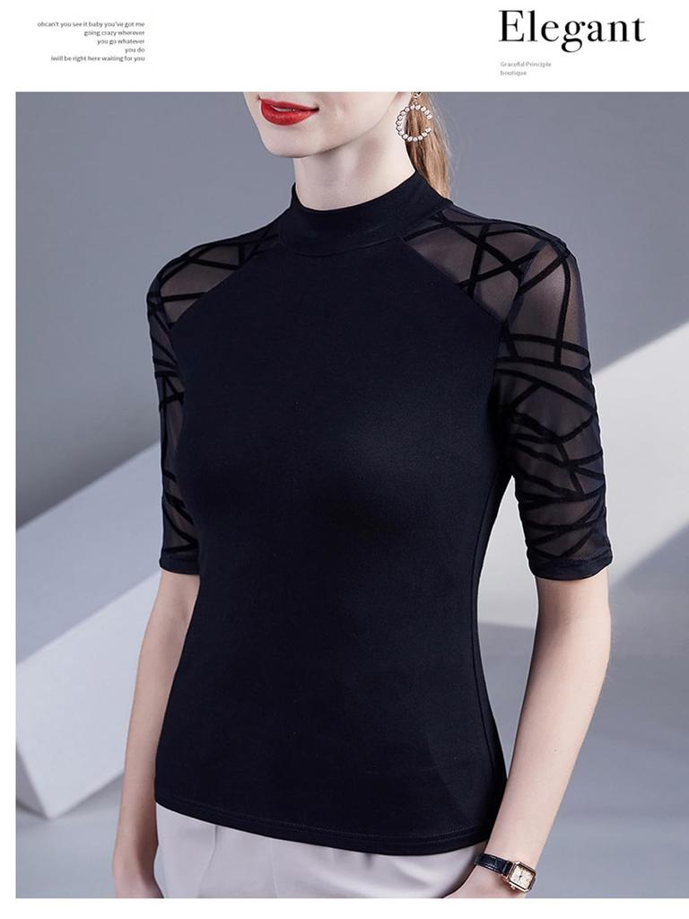 Yuoku Slim Fit Sheer Sleeve High Neck Stretch Elegant Modern Dance Mesh Short Perfect for and More Women's 5/8 Top, Blouse, Sleeve, Soft, Slimming,