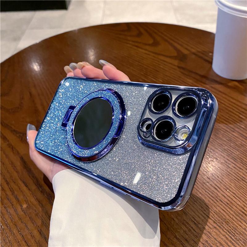 Apple 16 Magnetic Mirror Stand Case: Electroplated Glitter, Full Coverage for iPhone 15/17 Pro Max.