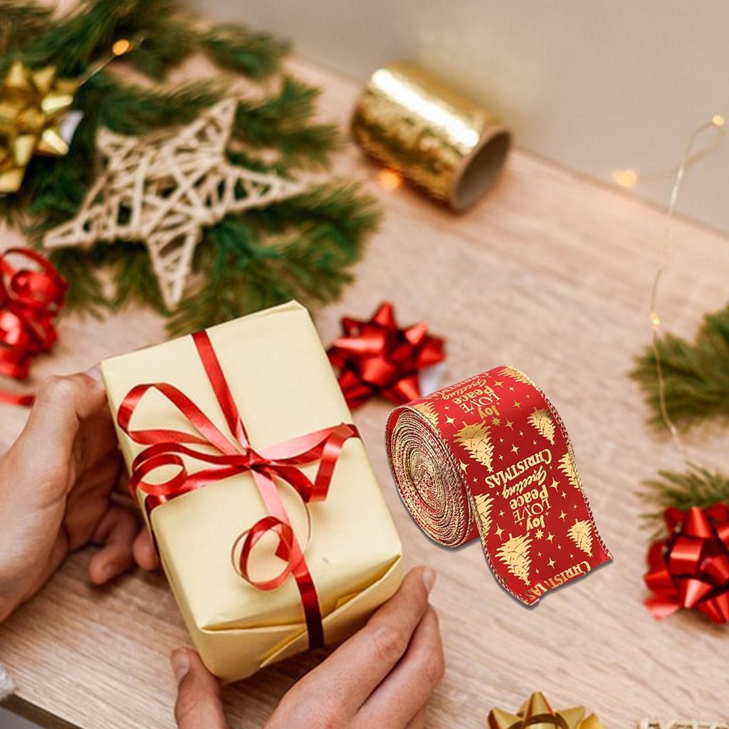 1 Roll Christmas Fabric Ribbons Xmas Wine Red Gold Snowflake Velvet Edge Wired Ribbons for New Year Wrapping Crafts Decoration