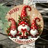 2D Flat, 1pc Round Aluminum Hanging Sign, Merry Christmas Metal Door Plaque, Three Red Christmas Gnomes Snowflake Print, Front Porch Office Yard Home