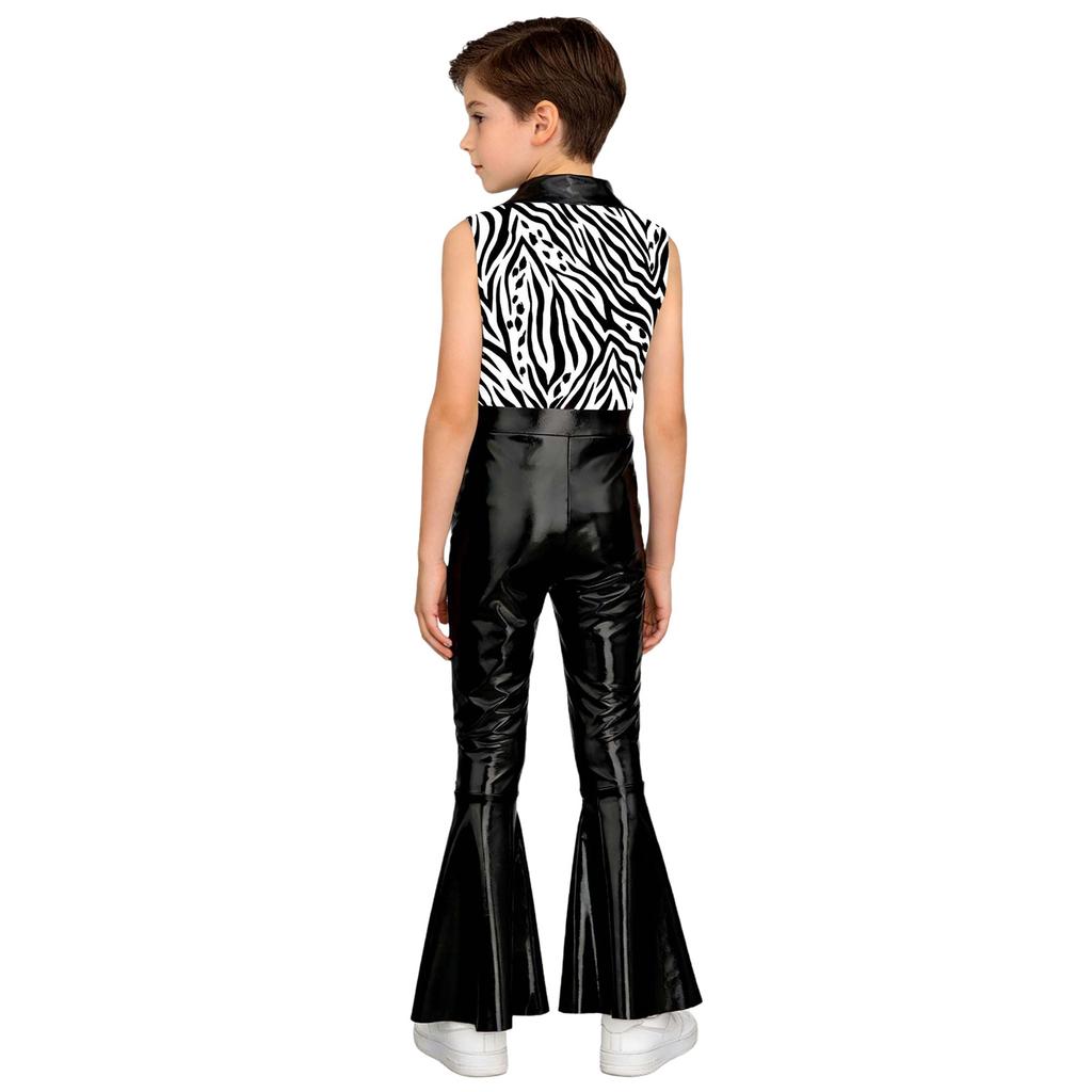 Kids Metallic Shiny Sleeveless Jumpsuit with Print Patchwork and Flared Pants for Boys Disco Halloween Party Outfit