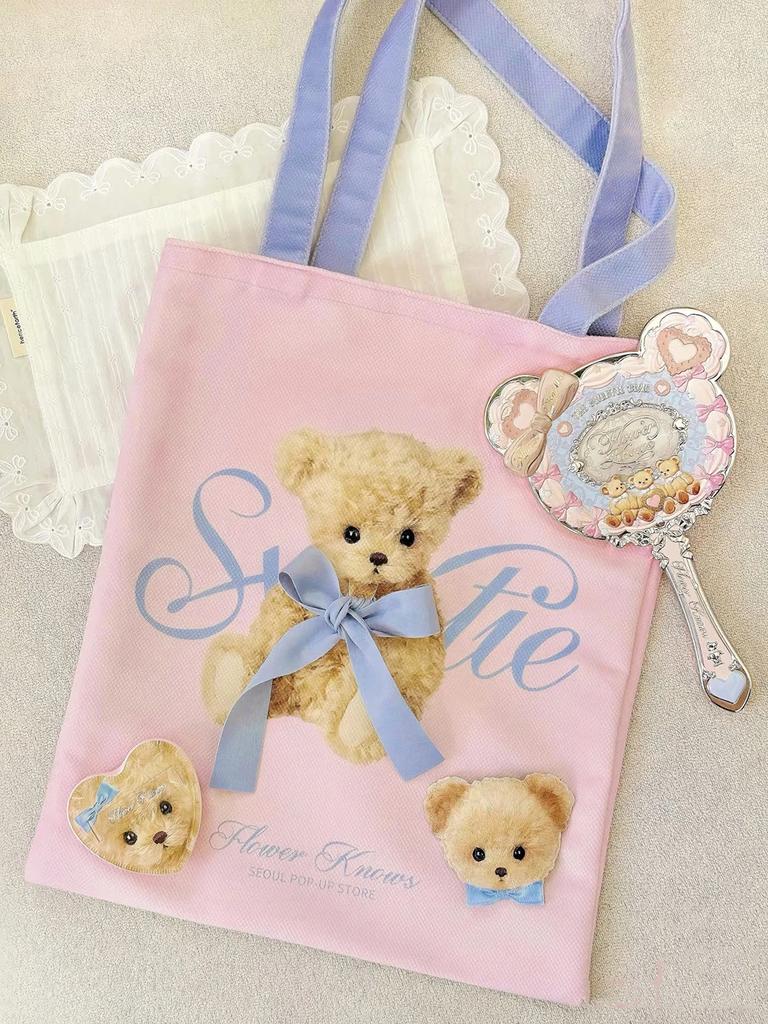 Flower Knows Limited Edition Pop-Up Store Pastel Pink Blue Aesthetic Hand Mirror with Powder Puff And Canvas Tote Bag for Makeup