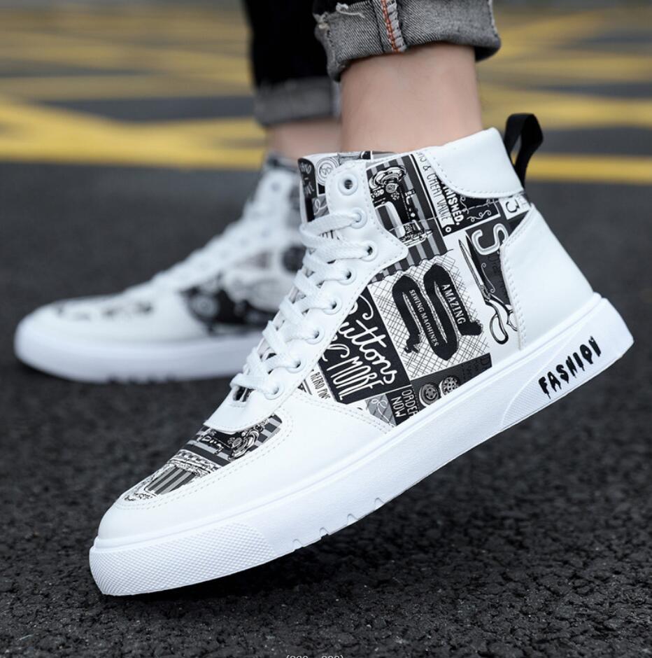 Fashion Street Lace Up Doodle Footwear for Men Tennis Shoes Zapatillas Hombre Men‘s Sneakers High Top Casual Shoes Fashion Skateboard
