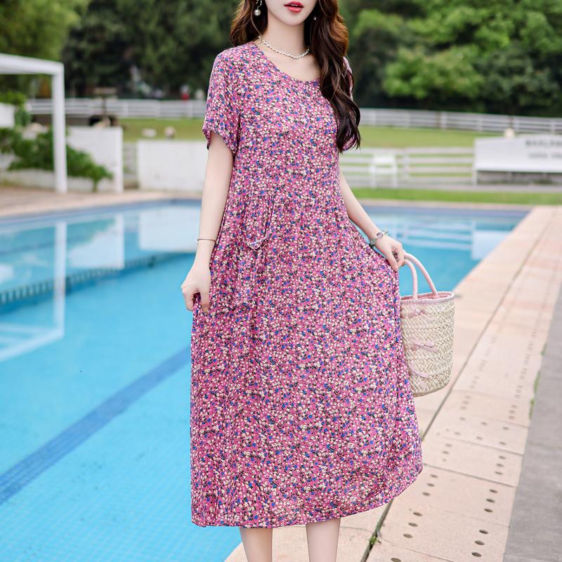 Vintage Print Long Dresses for Women Plus Size Short Sleeve Casual Summer Dress Elegant Middle-aged Women's Clothing