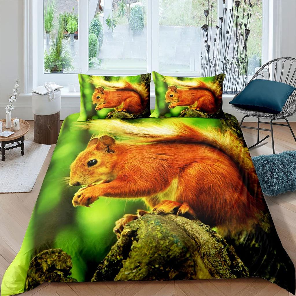 Cute Squirrel Duvet Cover Set Squirrel Bedding Sets 3D Animal Theme Comforter Cover For Boys GirlsNature Theme Quilt Cover Set