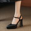 Women's High Heel Sandals Pointed Toe One-line Buckle Square Heel Shoes Women Dress Cover Toe French Elegant Sandalias De Mujer