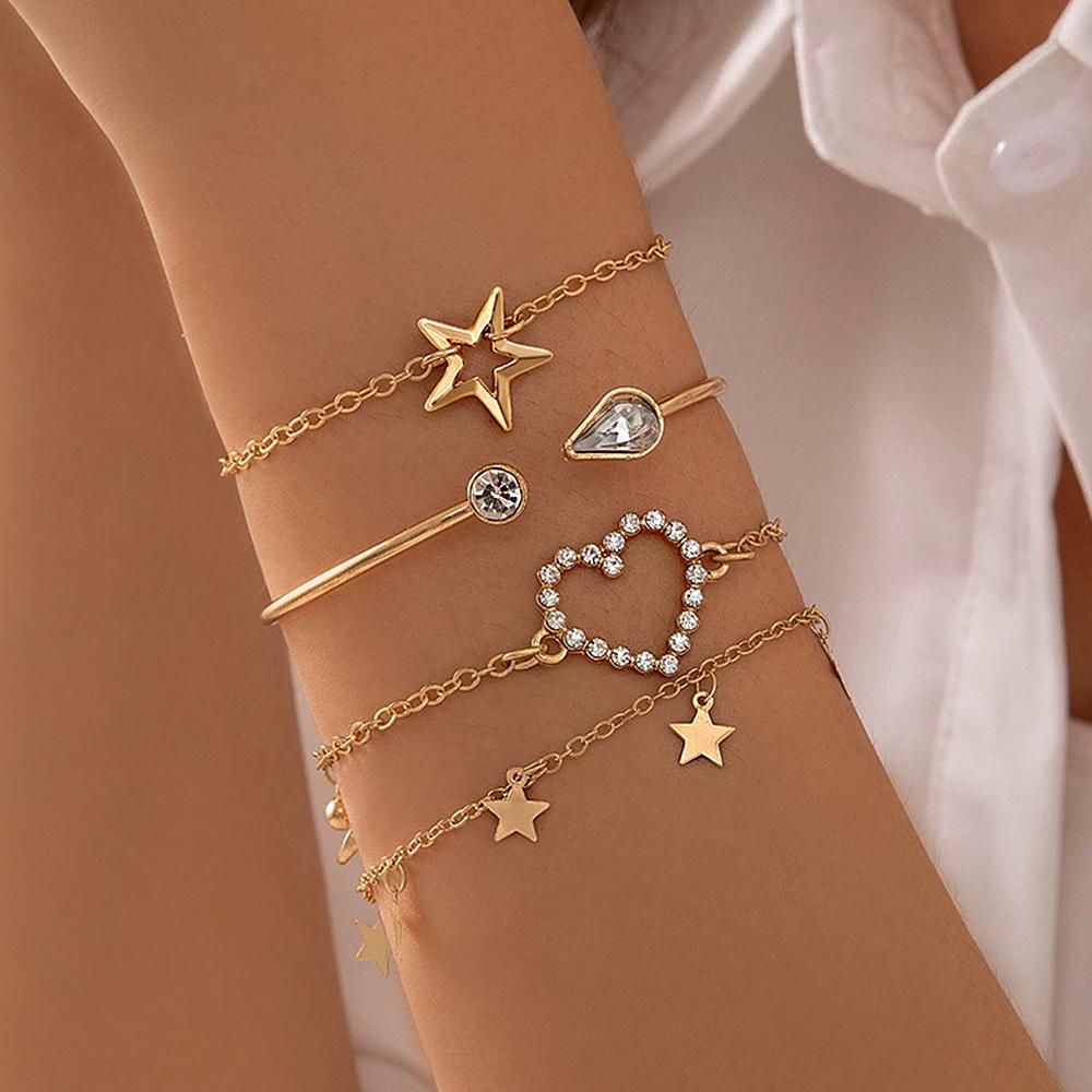 5Pcs/Set Green Shiny Charm Bracelet for Women Crystal Zircon Jewelry Adjustable Luxury Trendy Bracelet  Daily Decoration