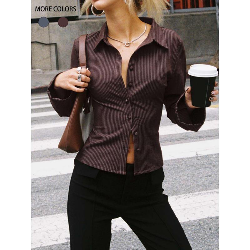 

Fashion Striped Slim Fit Women s Shirt Long Sleeve Elegant Blouse Lapel Office Casual Short Tops Simple Simple Spring Summer Streetwear Basic Clothing S темно-коричневого