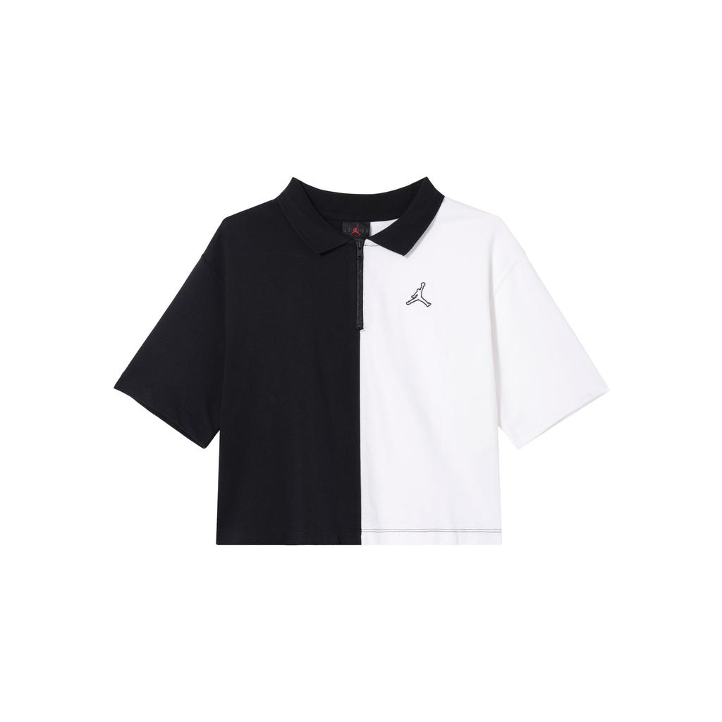 Jordan Logo Embroidered Colorblock Half-Zip Short Sleeve Drop Shoulder T-Shirt Women Tops Black White DQ4617-010