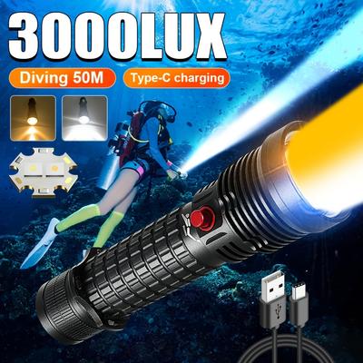 2*30W Hochleistungs-3000 LUX LED Tauchlampe mit USB Typ-C Aufladung Wiederaufladbare Tauch-Taschenlampe IPX8 Wasserdichte Unterwasserlampe