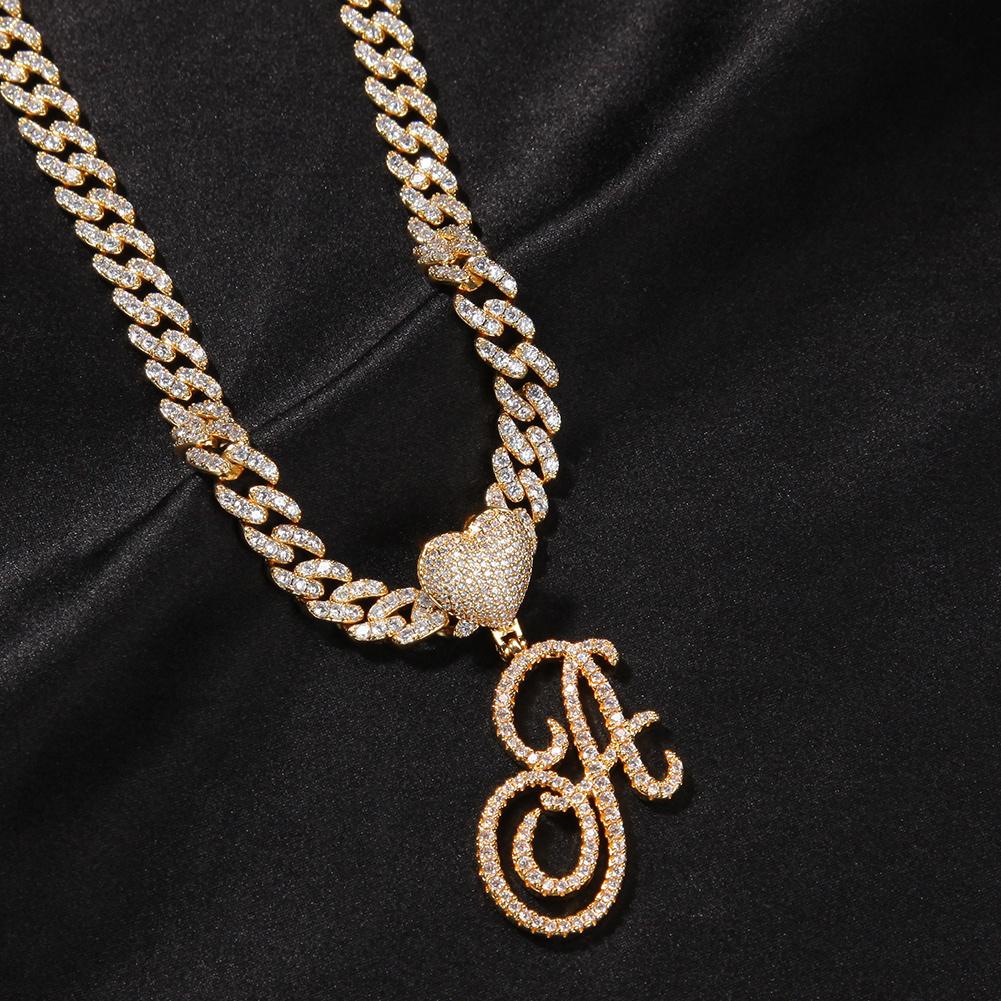 Fashion Hip Hop Jewelry Iced Out CZ Heart Bail Cursive Initial Letters Necklace with 9mm Cuban Link Chain for Drop Shipping