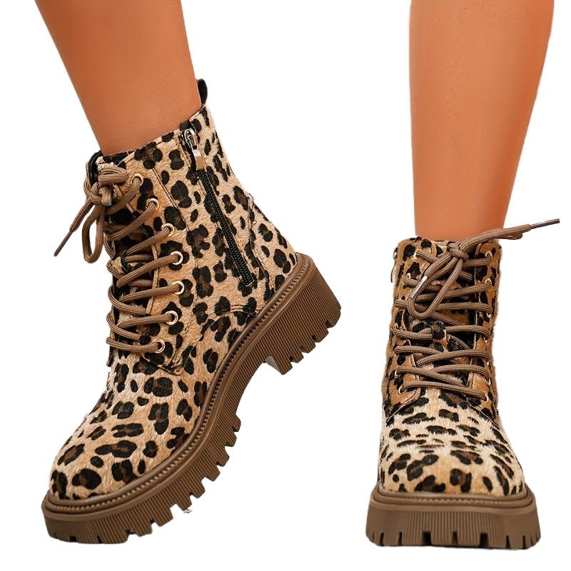 Women's Minimalist Solid Color Boots, Lace Round Toe Edge Zipper Platform Comfortable Shoes, Versatile Four Season Boots