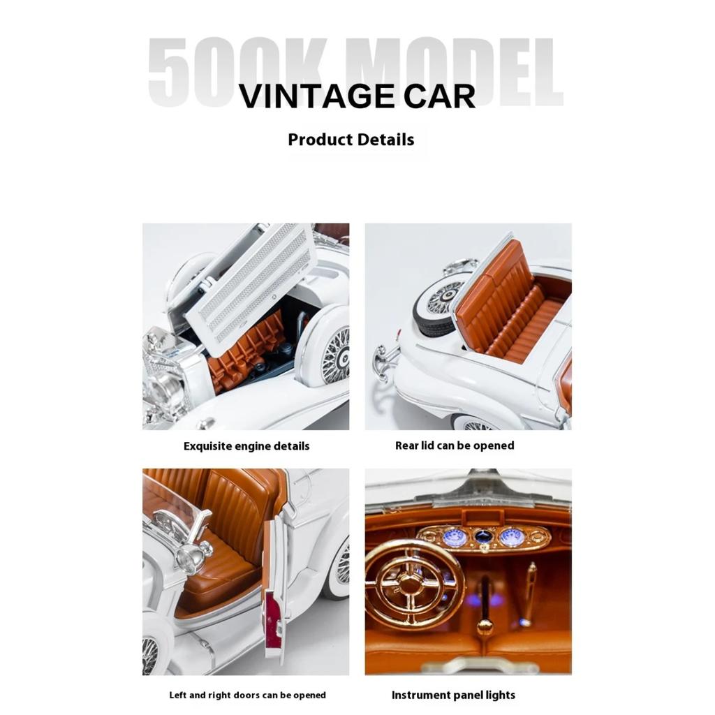 1/18 Benz Retro Car 500K Alloy Car Model, Simulated Sound and Light Vintage Car Children's Toys, Boys Gift Collection Ornaments