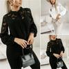 Women Fall Spring Shirt See Through Mesh Flower Embroidery Stand Collar Solid Color Long Sleeve Soft Single Breasted Lady Commute Blouse