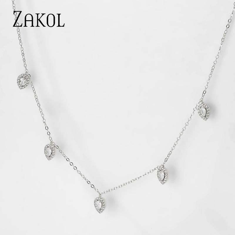 ZAKOL Korean Fashion Leaf Water Drop Choker Necklaces for Women AAA Cubic Zirconia Thin Chain Necklace Jewelry