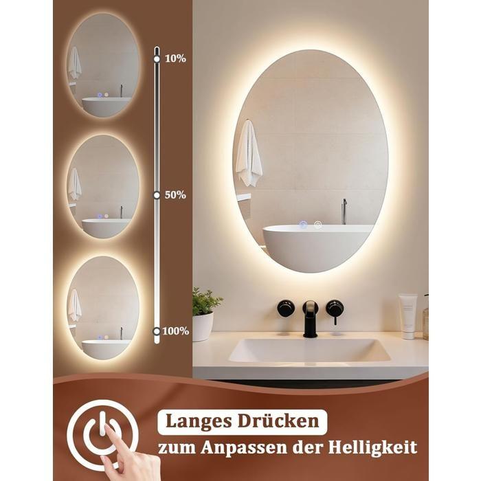 Miroir de salle de bain - NETTLIFE - 50x70 cm - IP44 - Interrupteur tactile - Anti‑buée, 3000–6500K dimmable