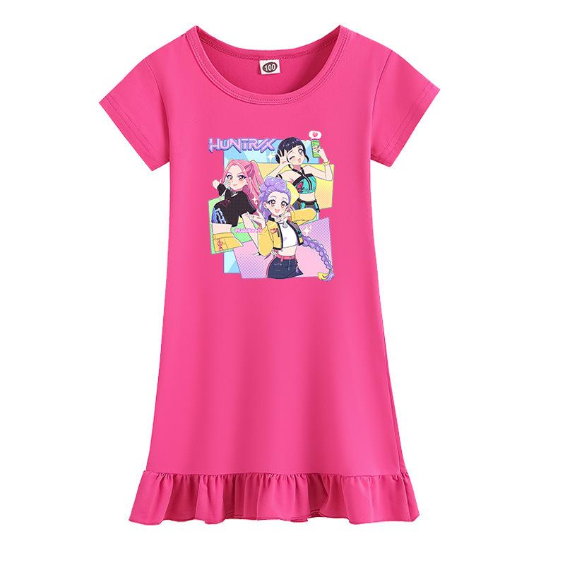 Kpop Demon Hunters K-POP Girls Ruffle Dress Short Sleeve Cartoon Print Kids Casual Sleepwear Toddler Girls Loungewear Children Clothing