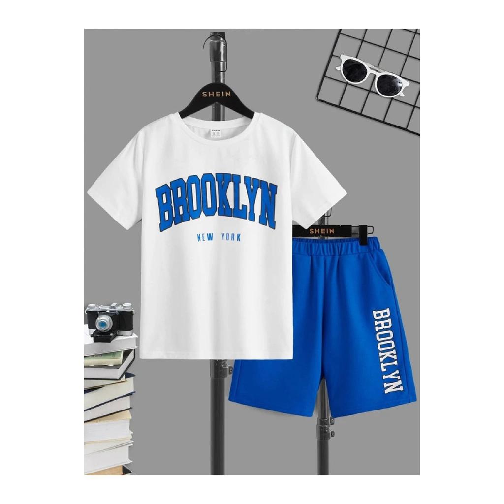 Brooklyn New York White T-shirt Gray Shorts - T-shirt With Shorts Top And Bottom Set Printed Crew Neck
