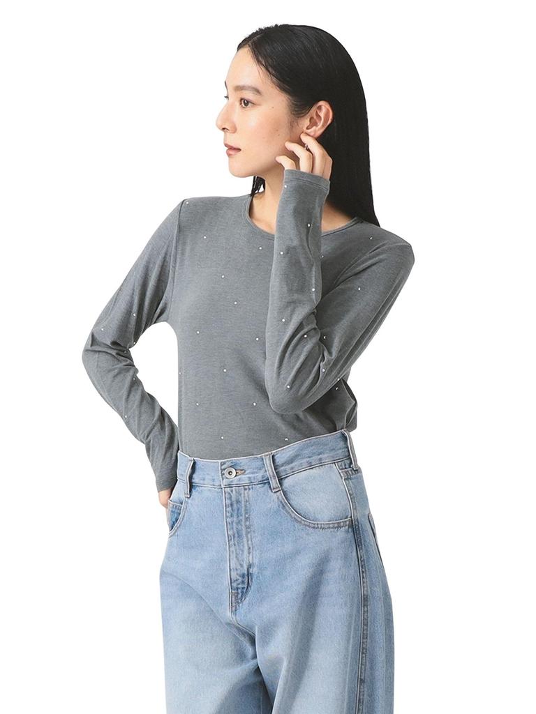 Ray Beams L/S Tee Hotfix Crew Neck Cut and Sew, Women's, Gray, One Size