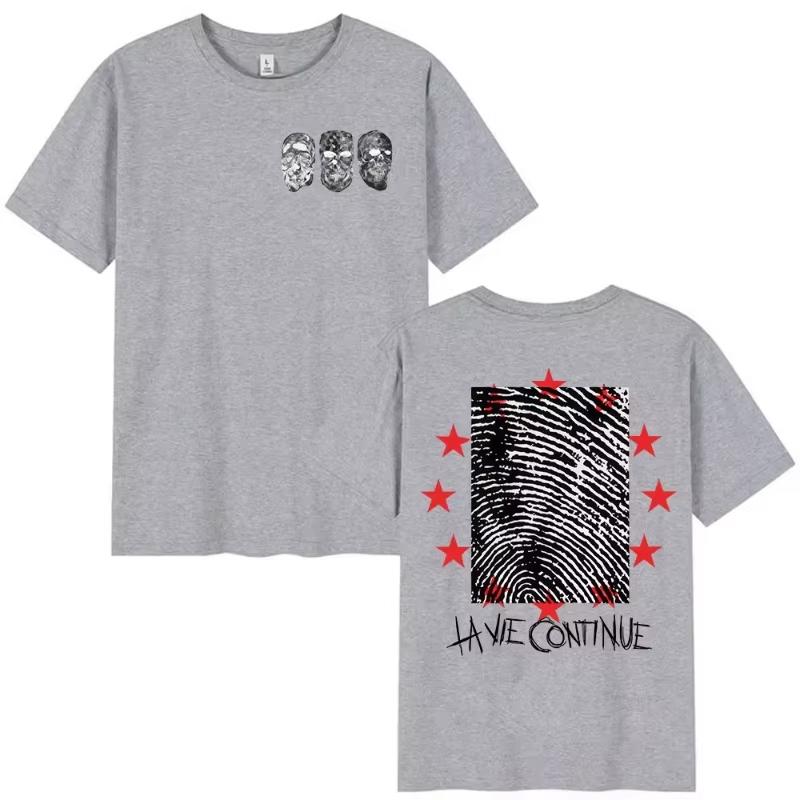 2026 Summer Unisexs 100 Cotton Letter Fingerprint Printed Punk Retro Round Neck Short Sleeve Hip Hop Breathable Tshirt