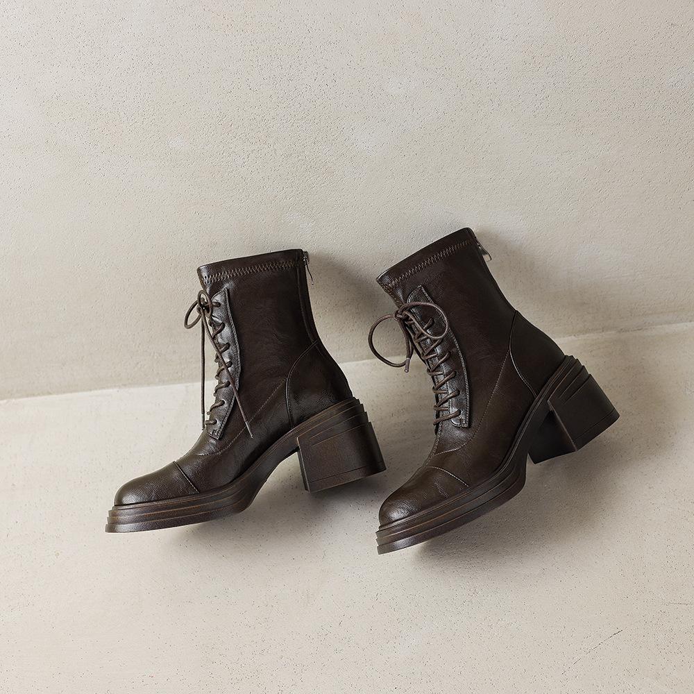 Great to wear! Treasure of the town store~ 2025 autumn and winter high-heeled elastic British Martin boots women's lace-up thick-heeled short boots