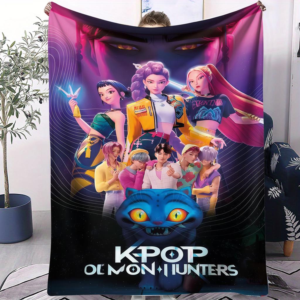K-Pop Demon Hunters Koc Huntrix Girl Team Koc Flanelowy Prezent dla Fana Odpowiedni do Domu Wypoczynku Kempingu Wielofunkcyjny Koc