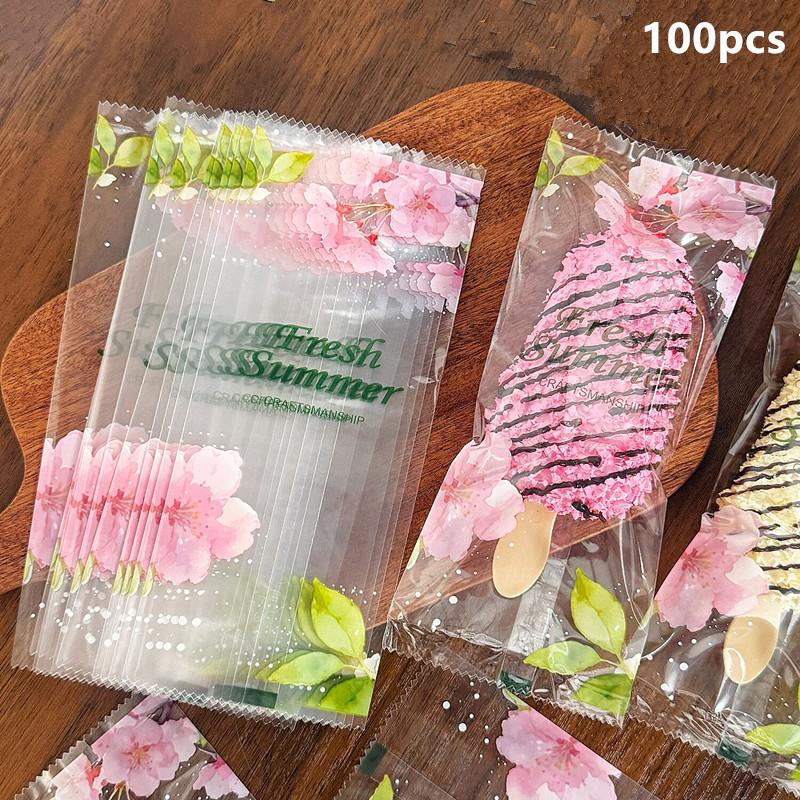 100Pcs Cherry Blossoms Printed Ice Cream Packaging Bag Heat Sealable Popsicle Plastic Wrappers For Homemade Ice Cream Yogurt
