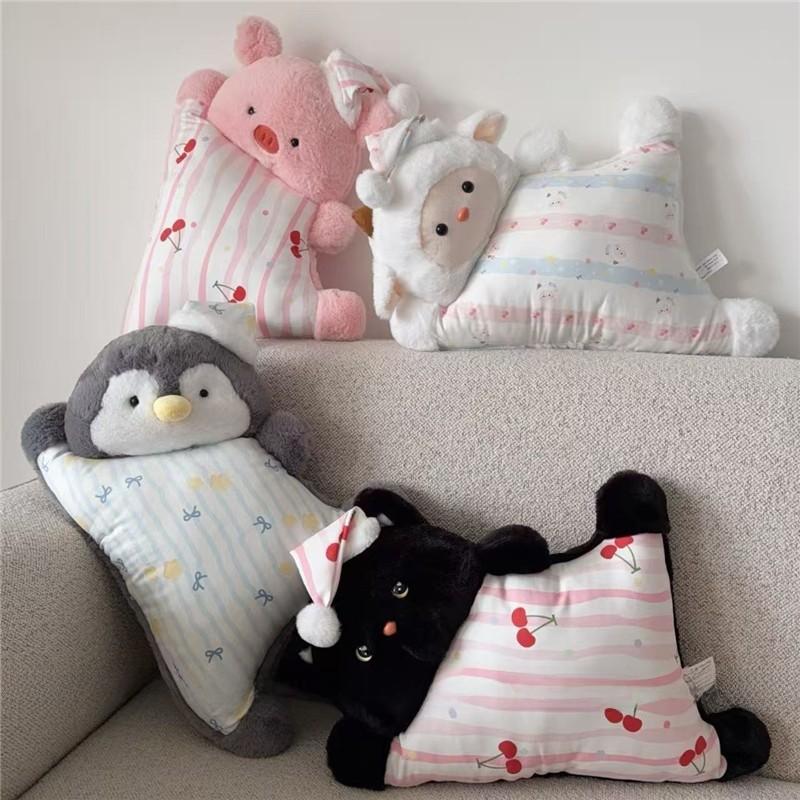 Cartoon Penguin Fox Plush Pillow With Embroidered Animal Design For Home Decor And Relaxation