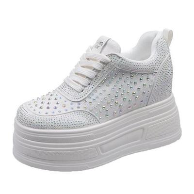 10CM Absatz Sneakers Herbst Damen Bling Kristall Skateboard Schuhe Atmungsaktives Leder Hohe Plateau Vulkanisierte Weiße Schuhe