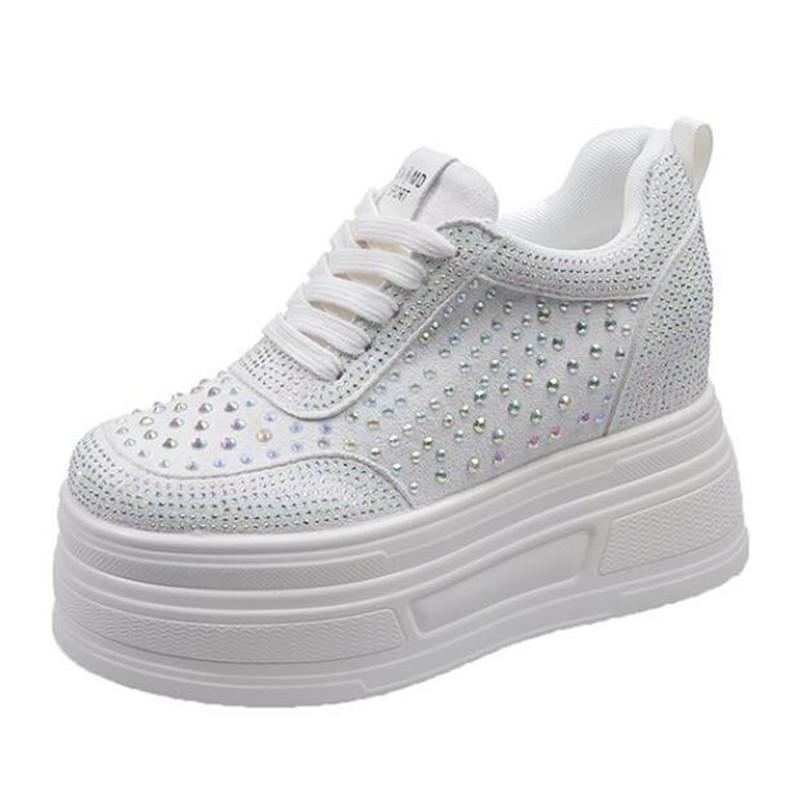 

10CM Heels Sneakers Autumn Women Bling Crystal Skateboard Shoes Breathable Leather High Platform Vulcanize White Shoes 39 білий
