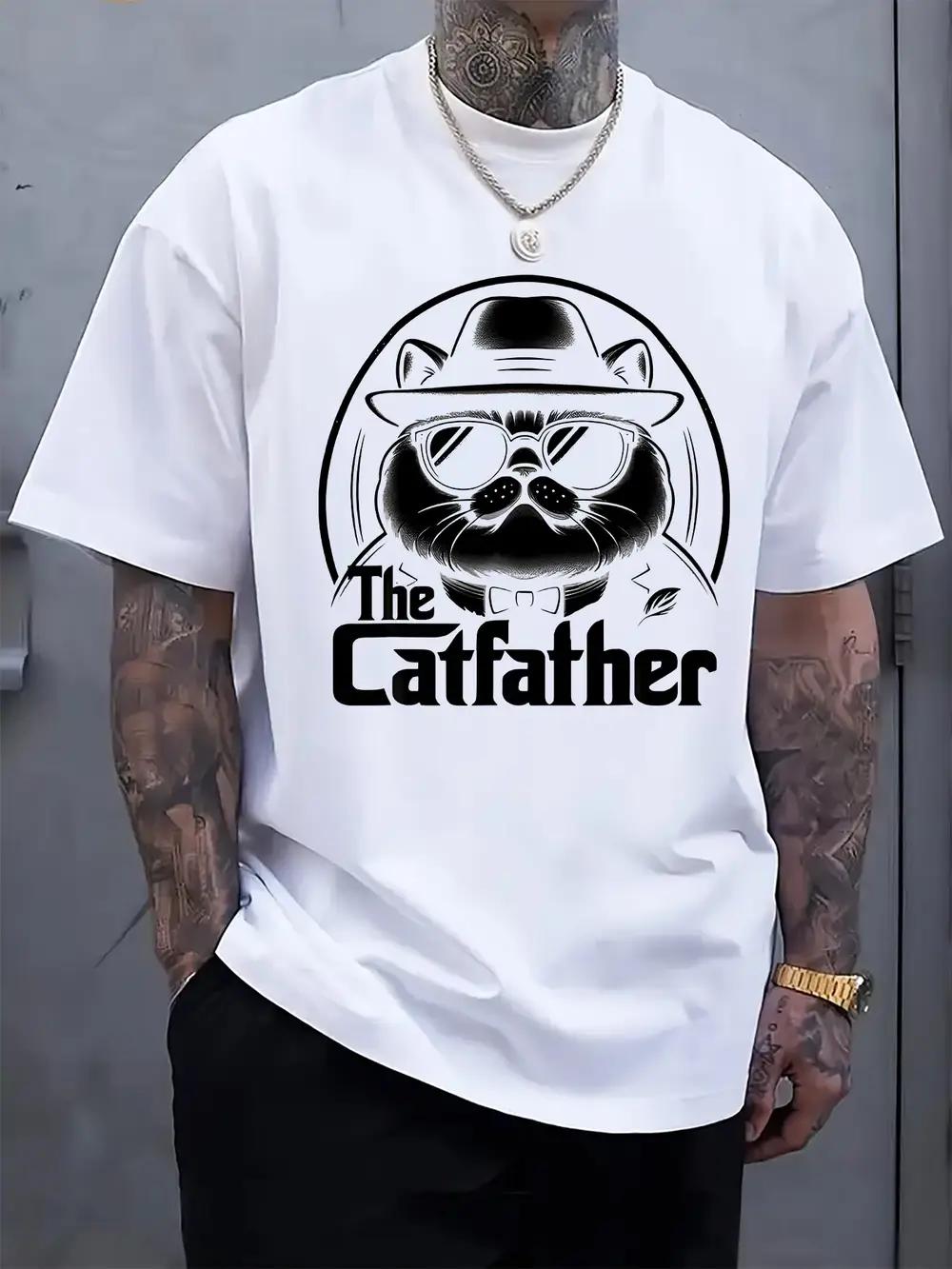 The Catfather  Graphic Tee - Stylish White Crew Neck Short Sleeve T-shirt with Glasses & Hat Design XXXXL