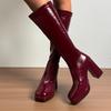Patent Leather Waterproof Tall Boots Fashion Square Toe Sleeve Platform Non-Slip Block Heel Pumps