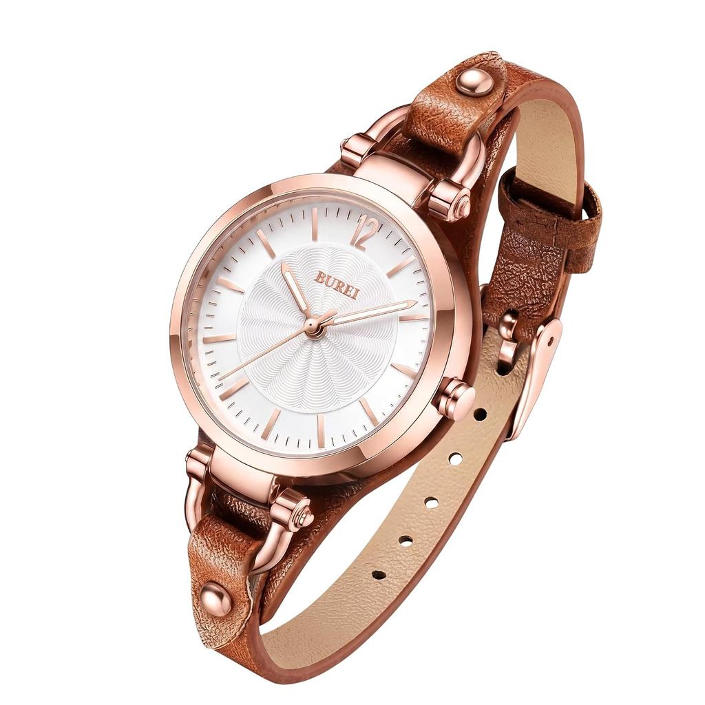 BUREI womens watch analog display quartz waterproof leather strap slim large dial cute simple stylish lightweight women popular students work daily