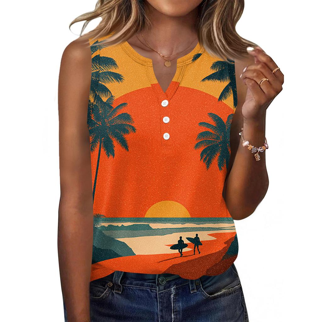 Women's Fashionable Casual Hawaiian Print Sleeveless Button Vest Top