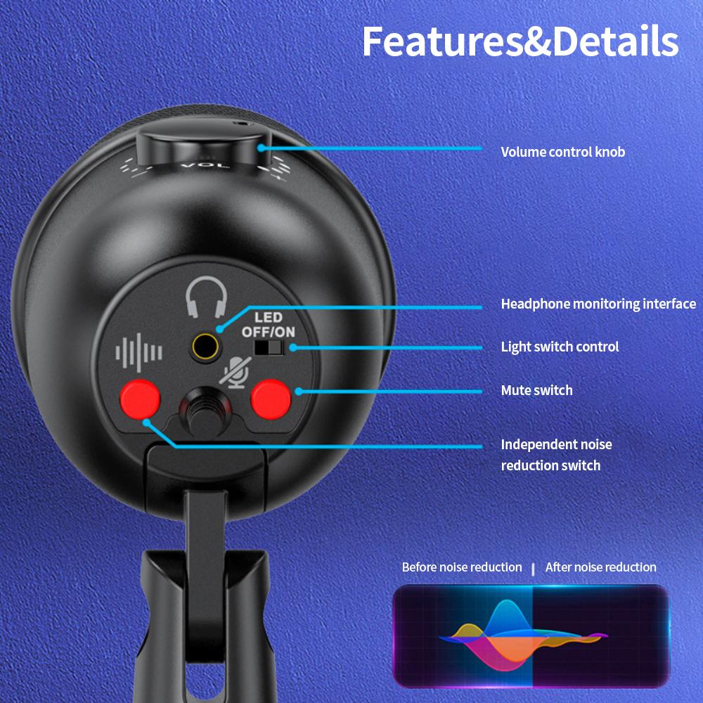 Aufnehmbares Rauschunterdrückungs-Lumineszierendes RGB-Mikrofon Gibt Licht ab USB-Mikrofon Denoise Kondensator