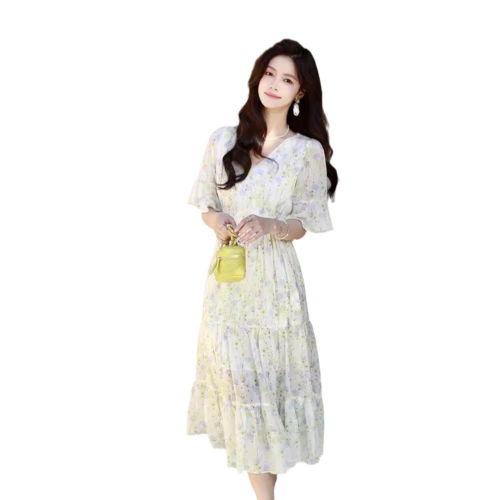 Women's Floral Chiffon Midi Dress - 2024 French Summer Slim Fit