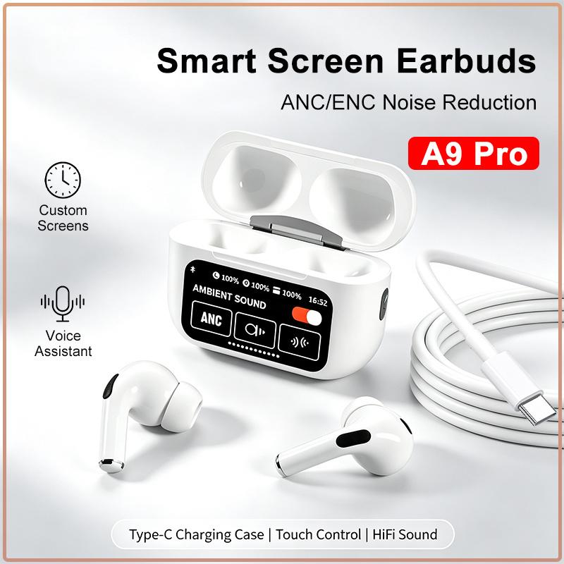 Smart Touchscreen A9 Pro Kabellose Ohrhörer ANC Geräuschunterdrückungsfunktion Echtzeit-Akkustandsanzeige HiFi Surround Sound Typ-C Anschluss weiß