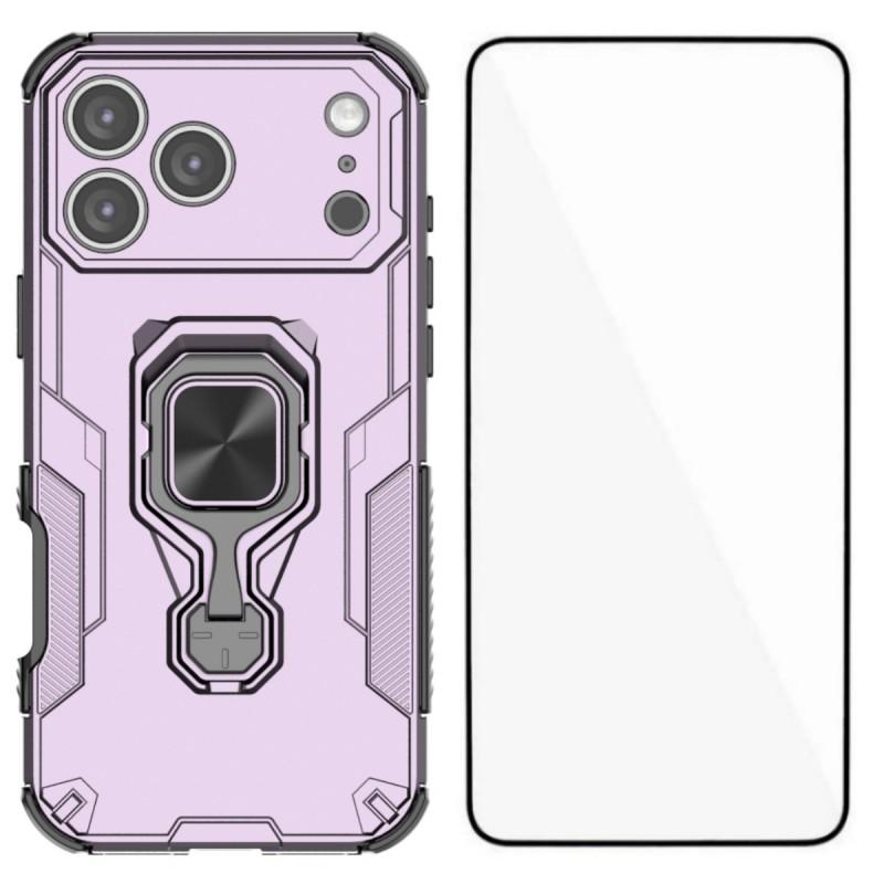 

For iPhone 17 Pro Phone Case WANLONFENG PC TPU Back Cover Kickstand with Tempered Glass Purple