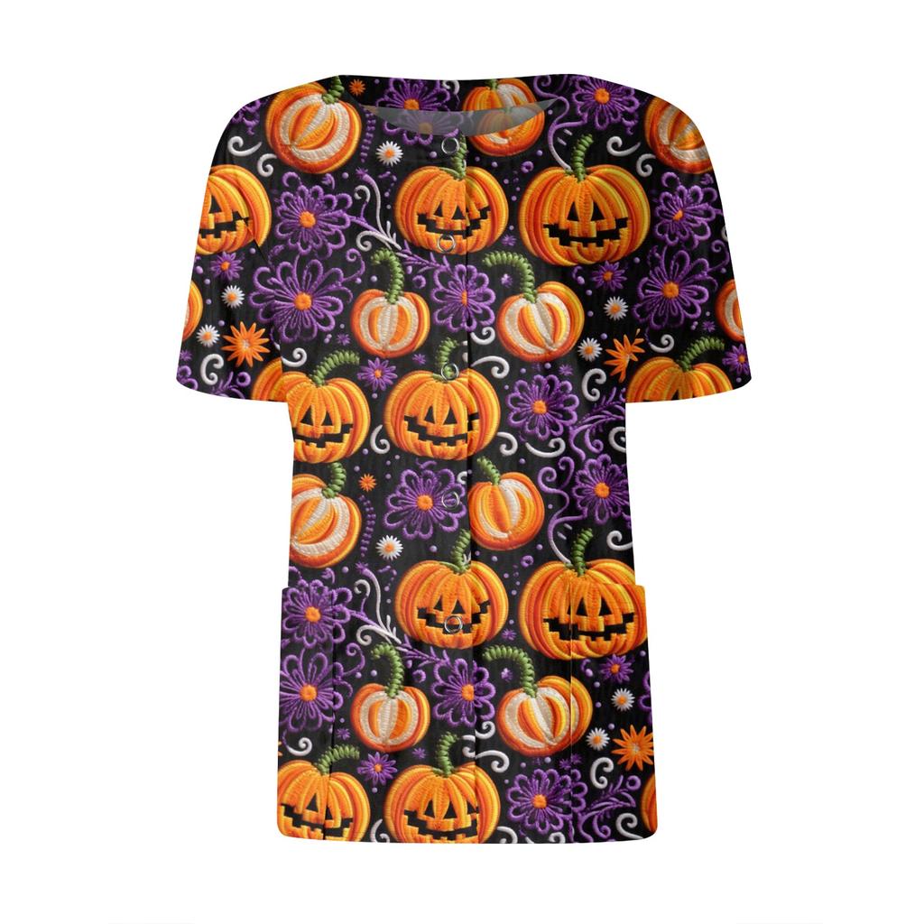 Women's Short Sleeved Patterned Pockets, Work Print Stand Up Collar, Single Breasted Protective Clothing, Cardigan Jacket, Top