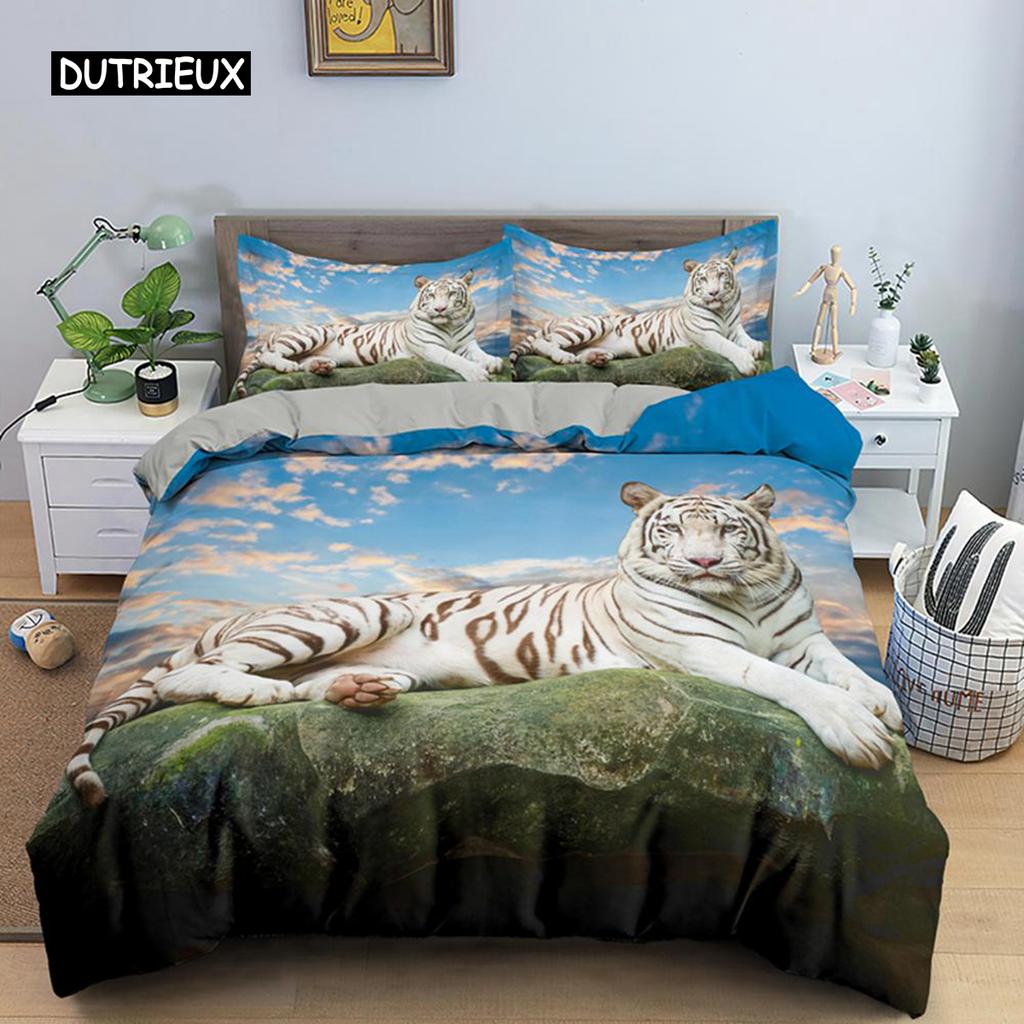 Tiger Duvet Cover Set King Size Wild Theme Bedding Set Animal Pattern Comforter Cover Animal Theme Sunset Polyester Quilt Cover